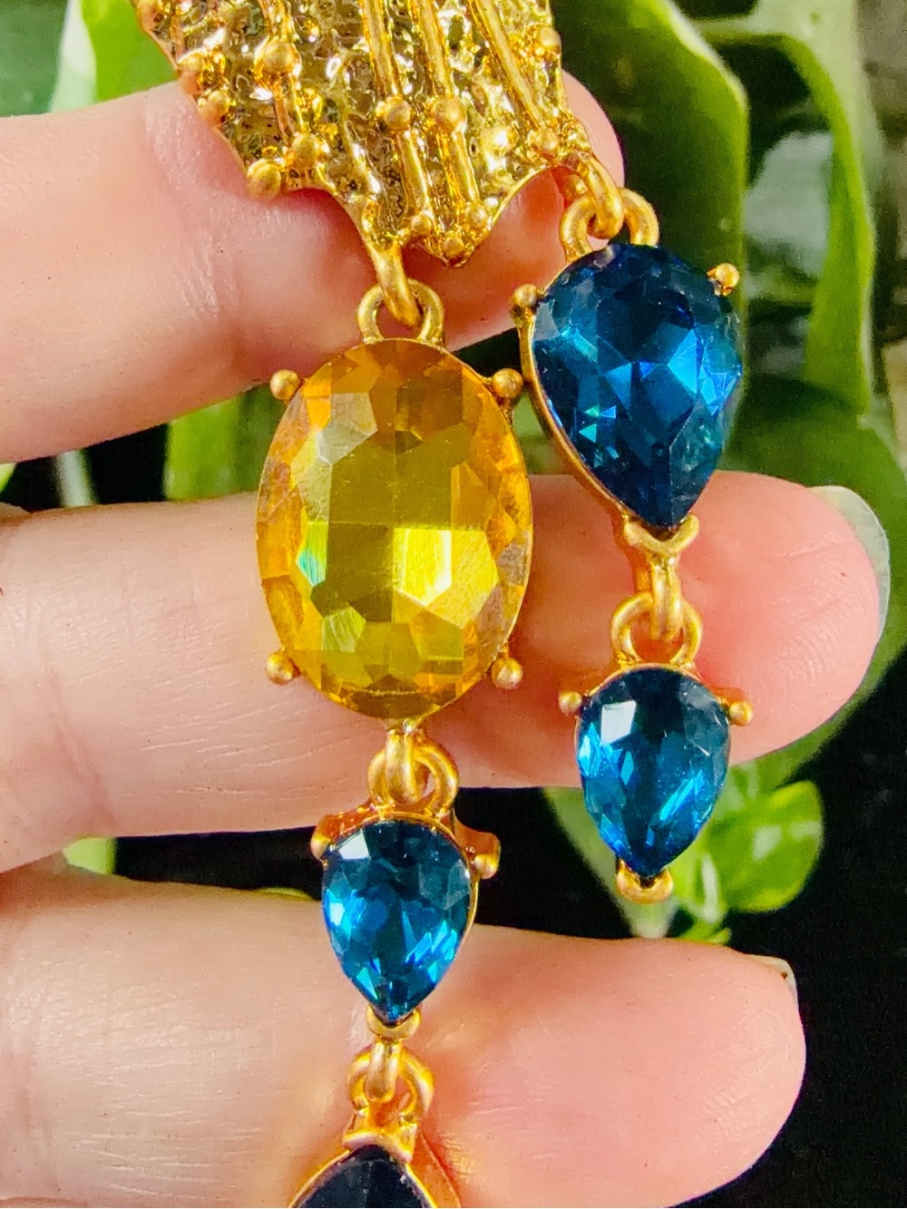 Oscar de la Renta Gold Tone Drop Earrings Citrine /Capri Blue Crystals⭐️ CLIP ON - Picture 5 of 12
